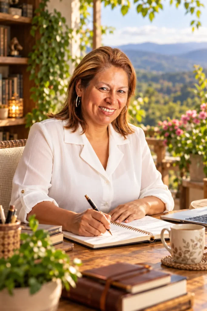 Aracely Ortega Jiménez de Saldaña escribiendo en una terraza