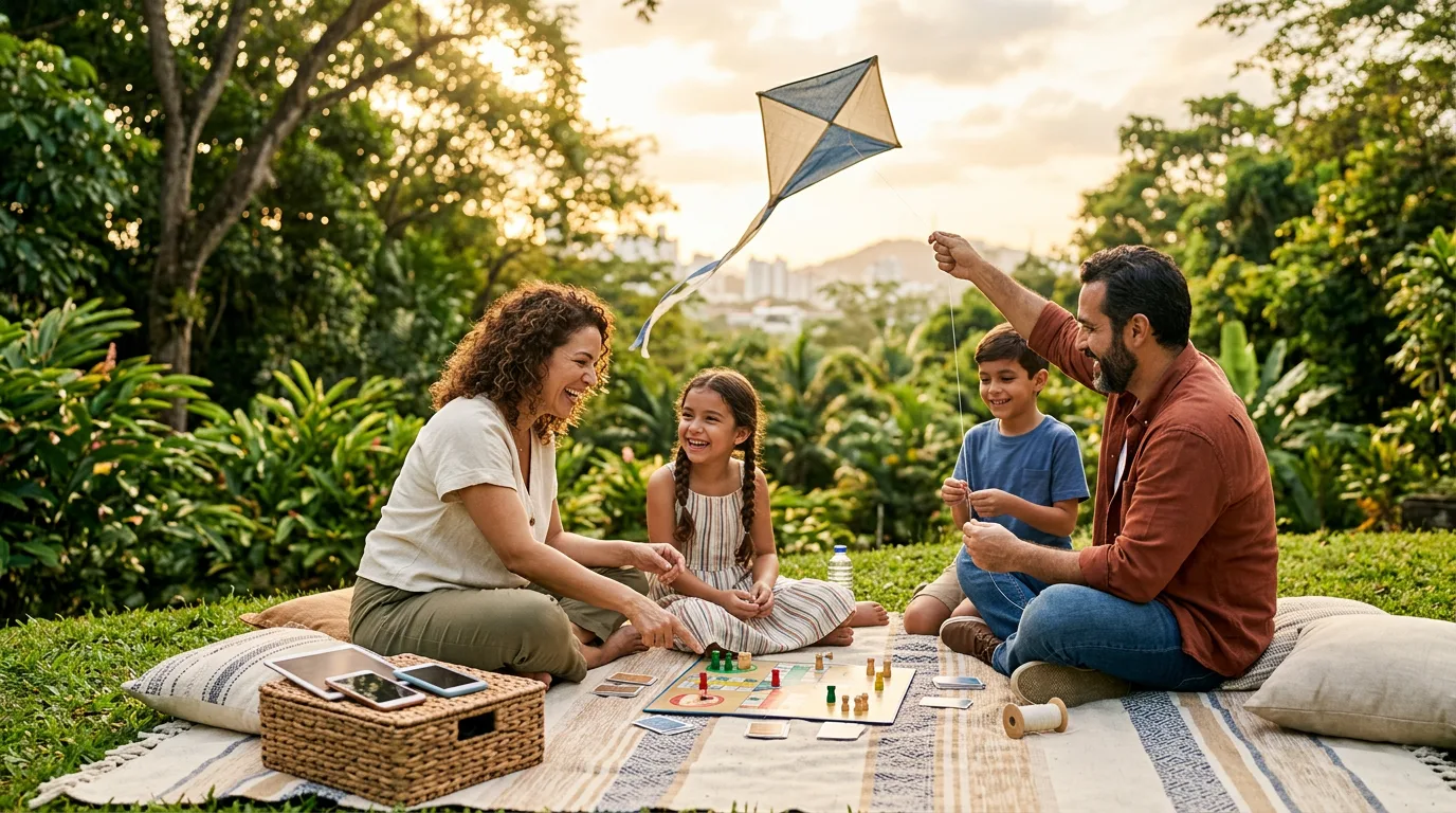Familia jugando en el parque con los celulares guardados en una canasta