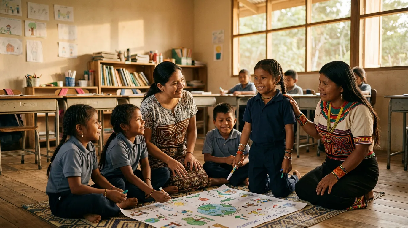 Maestra y madre guiando a un grupo de niños que trabajan juntos en el aula